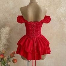 WYWH Women's Romantic Vacation Dress, Red Jacquard Texture Ruched Waist Splice Ruffle Strap Shoulder Strap Multi-Layer Ruffle Hem A-Line Chiffon Mini Dress, Casual, Date, Valentine's Day, Afternoon Tea, Beach, Cruise, City Vacation, Music Festival, Party, Boho, Hippie, Western, Daily Commute, Valentine's Day Red Dress,Summer Dresses For Women,Music Festival Outfits, Everyday Outfits, Wedding Season Outfits, Party Outfits, Carnival Outfits, Island Vacation Outfits. Black Corset Tops For Wom - Negro - Ver 3
