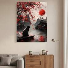 Enmarcado [2D Plano] Póster de gato oriental,  de flores rojas, pieza de arte de decoración de pared vintage, obra de  moderna, adecuado para regalos, decoración del hogar y dormitorio, aplicable para dormitorios y salas de estar, uno , diseño plano 2D. - Enmarcado - Ver 2