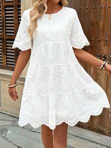 Vestido casual de vacaciones de unicolor con bordado calado para mujer - Pearl White - Ver 1