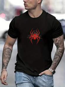 Camiseta Casual de Manga Corta para Hombre con Estampado de Araña, Ideal para Deportes al Aire Libre en Verano, Hecha de Tejido de Punto con Cuello Redondo, Corte Regular - Negro - Ver 2