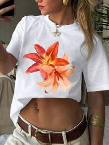 Women's Floral Print T-Shirt, Casual Short-Sleeved Round Neck T-Shirt, Suitable For Vacation And Everyday Wear - Unisex Loose Cotton Short-Sleeved Round Neck Vintage Style T-Shirt, Blouses For Women. Casual Blouses For Ladies. - 白色 - 查看 6