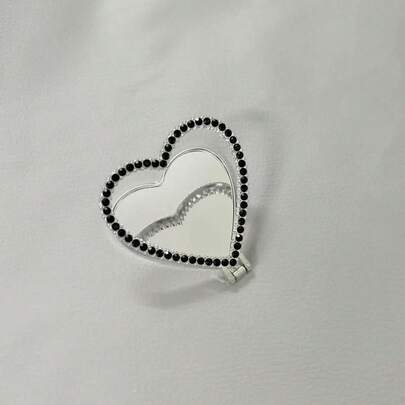 Black Mirror Element Phone Ring Holder Stand 1pc Elegant 3D Rhinestone Heart-Shaped Mirror Phone Holder, Adjustable Desktop Portable Adhesive Supported Makeup Mirror Mother's Day Gift Birthday