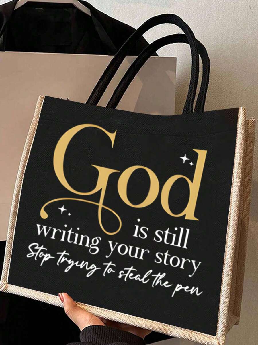 極簡主義托特包與化妝包套組,耐用且印有「God」圖案,黑色亞麻風格搭配黃色飾邊與黃色亞麻風格小化妝包,可用作收納包、盥洗包、化妝整理袋、大學宿舍收納、女性旅行、化妝包、返校禮物、畢業禮物、生日禮物,可用作收納包、盥洗包,適合女性化妝品收納、大學宿舍化妝品收納、女性旅行、禮品袋 - 彩色 - 查看 1