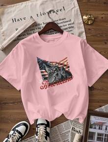 Camiseta con Estampado de la Estatua de la Libertad y Bandera USA,Camiseta de manga corta de moda para primavera y verano de 2026, hecha en México, 180 gramos. Estampado de dibujos animados, modelo de pareja, apta para uso interior o exterior. Cuello redondo, unisex, ideal para oficina y ocio. Paquete de una pieza. - PK-P631577SLNDXZGY482 - Ver 4