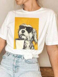 Playeras de mujer, Envío Gratis, Ropa de Verano, Regalos para Mamá, Camiseta Gráfica de Perro con Gafas de Sol, Camiseta Divertida de Perro, Camiseta de Perro con Bebida, Amantes del Café, Amantes de los Perros, Ropa para Salir, Vintage, Envío Gratis, Artículos de Almacén Local, Ropa de Mujer, Conjuntos Casuales de Mujer, Top para Mujer, Artículos de Almacén Local, Ropa de Mujer, Conjuntos de Mujer - Blanco - Ver 5