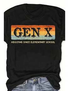 Women's Gen X Nostalgia T-Shirt - GEN X ADULTING Retro 90s 80s Striped Casual Tee, Loose Fit Breathable Round Neck Top for Gen X Day Events & 90s Themed Parties (Adulting Slogan) - Negro - Ver 2