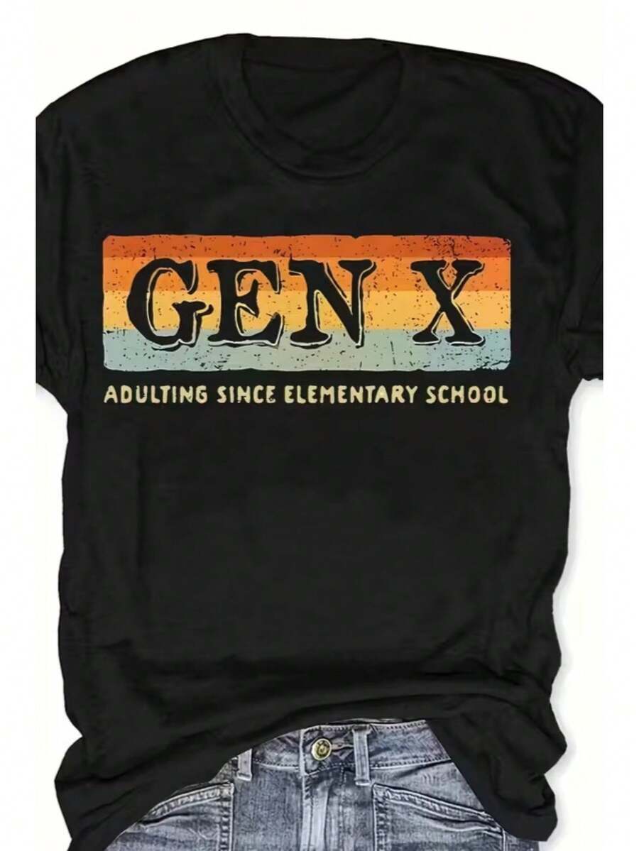 Women's Gen X Nostalgia T-Shirt - GEN X ADULTING Retro 90s 80s Striped Casual Tee, Loose Fit Breathable Round Neck Top for Gen X Day Events & 90s Themed Parties (Adulting Slogan)