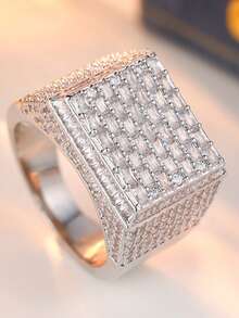 Men's Square Wide Ring Inlaid With Synthetic Zirconia, Retro Shiny Luxury Party Atmosphere Ring - Silver - View 7