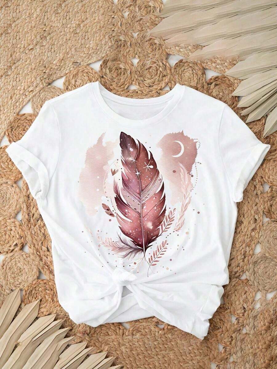 Camiseta de manga corta con estampado gráfico de moda para mujer, camiseta con estampado tropical bohemio, camiseta de cuello redondo estilo vintage, top casual para primavera y verano, top de manga corta cómodo, suave y sencillo para uso diario. - Blanco - Ver 1