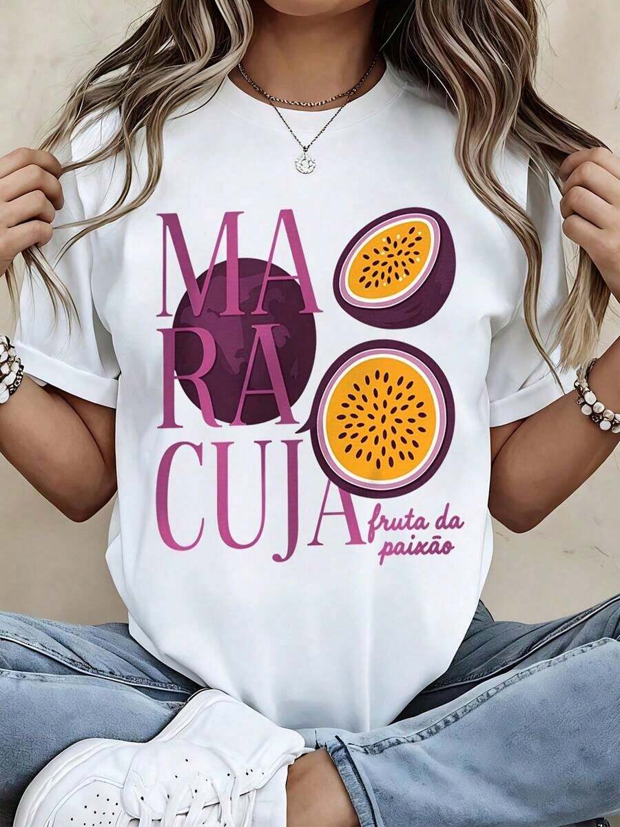 Women's Casual T-Shirt, Round Neck, Passion Fruit Print, Short Sleeve, Casual Summer Top For Everyday Wear And Outings, 100% Cotton, Durable - 白色 - 查看 1