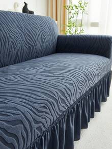1pc Blue-Gray Plush Jacquard Ruffled Elastic Sofa Cover, Dust-Proof And Dirt-Resistant, Stretch Full Coverage Sofa Protector, Home Decor, Machine Washable, Pillow Cover Not Included - Teal Blue - View 9