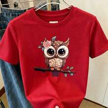 Comfortable Mother's Day T-Shirt, Women's T-Shirt With Owl And Pretty Flower Print For Leisure And Summer, Loose Versatile Short Sleeve T-Shirt For Women - 白色的 - 查看 7
