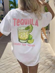 Camiseta de mujer de verano de ajuste holgado con cuello redondo y manga corta, con estampado de eslogan simple, estilo casual de vacaciones. Blanca.,Playera Gráfica Oversized Mujer Verano Casual - Blanco - Ver 3