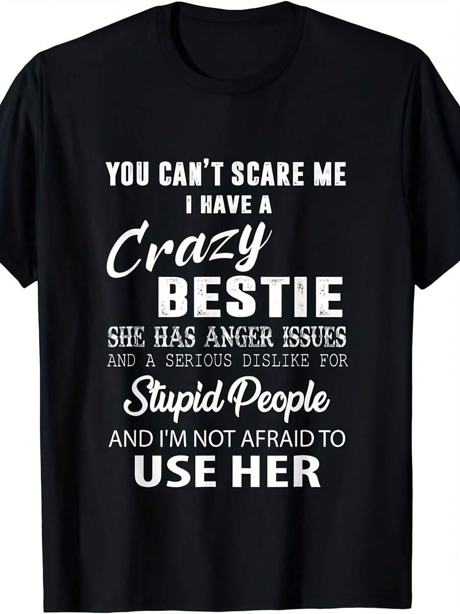 Best Friends Gift T-Shirt - Funny Unisex T-Shirt For Best Friends Or Couples, Made Of 220g Pure Cotton, Short Sleeve With BFF Print, Round Neck, Casual Style, Suitable For Birthdays, Daily Wear And Best Friend Gatherings - Machine Washable. - 黑色 - 查看 1