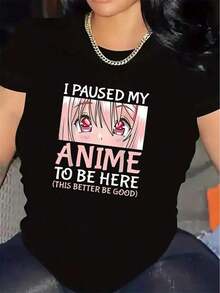 1psc100% Cotton Summer Casual Short Sleeve T Shirt For Women, I Paused My Anime To Be Here Funny Otaku Anime Girl Graphic Summer Daily Loose Tee, Soft Cool Basic Summer Top, Perfect For Summer Daily Wear, Summer Aesthetic Outfits And Anime Fan Summer Casual Looks100%Cotton - Black - View 6