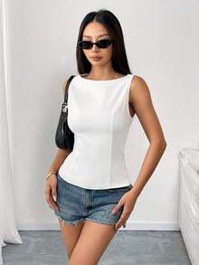 Camisa tipo camisola ajustada sin mangas con espalda abierta y lazo, unicolor.Elegante, informal, sexy y minimalista para oficina y negocio.Primavera/Verano - Blanco - Ver 8
