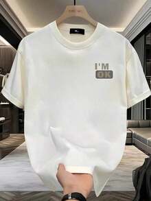 Men's Oversized Heavyweight 100% Cotton T-Shirt With "I'm OK" Print In White Letters - Navy Blue, Crew Neck And Short Sleeve Casual Style For Year-Round Comfort And Relaxed Fit (Young & Adult), Modern And Elegant T-Shirts - 白色的 - 查看 5