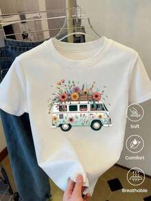 180g Made In Mexico, Spring/Summer 2026 Fashion Short Sleeve T-Shirt, Cartoon Print, Couple Style, Underwear/Outerwear, Casual Round Neck For Office, Unisex One Piece Top - 白色的 - 查看 3