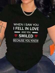 Casual Cotton Graphic T-Shirt, Short Sleeve, Round Neck, Love Letter Print, For Valentine's Day, Casual, Summer, Women's. Women's Blouses > Shirt - 黑色 - 查看 7