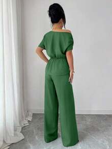 onjunto de primavera/verano para mujer con pantalón ancho de una sola manga con hebilla metálica en la cintura, adecuado para uso diario, bodas, galas, ir al trabajo, fiestas de graduación, vacaciones, citas, fiestas, Halloween, Navida - Verde militar - Ver 2