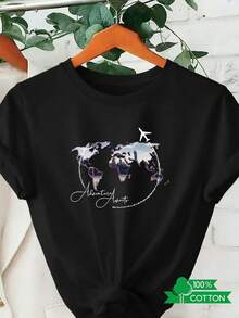 Women's Soft And Fashionable Crew Neck T-Shirt With Anime Letter Print, Simple Design, Comfortable And Breathable, Suitable For Casual And Versatile Daily Wear, Showing A Natural And Elegant Style, A Must-Have For Summer Parties, Local Shipping, Worldwide Design. - 黑色 - 查看 1