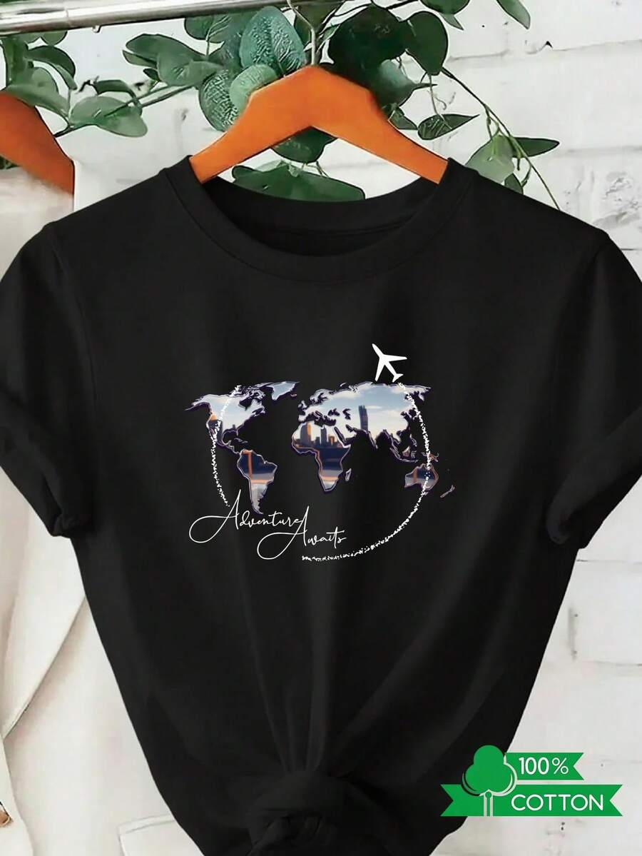 Women's Soft And Fashionable Crew Neck T-Shirt With Anime Letter Print, Simple Design, Comfortable And Breathable, Suitable For Casual And Versatile Daily Wear, Showing A Natural And Elegant Style, A Must-Have For Summer Parties, Local Shipping, Worldwide Design. - 黑色 - 查看 1