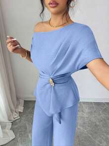 onjunto de primavera/verano para mujer con pantalón ancho de una sola manga con hebilla metálica en la cintura, adecuado para uso diario, bodas, galas, ir al trabajo, fiestas de graduación, vacaciones, citas, fiestas, Halloween, Navida - Celeste - Ver 6