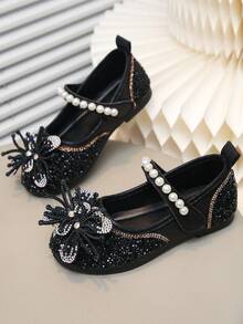 Girls' Princess Style Crystal Soft Bottom Shoes, Bow & Pearl Decor, Versatile For Spring, Summer, Autumn Daily Wear, School, Commute - Black - View 3