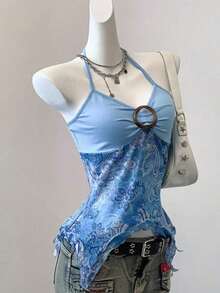 Blusa casual de mujer con cuello de corbata y estampado de anacardo, versátil para uso diario - Azul - Ver 7