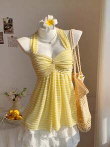 Top de tirantes con estampado de lunares marrones y detalle de nudo en la espalda para mujer, adecuado para verano, vacaciones de primavera, ceremonia de graduación, fiesta de boda, vacaciones elegantes, playa casual, estilo Y2K lindo y sexy y - Amarillo - Ver 9