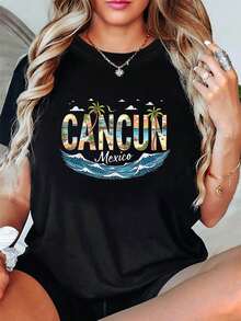 Plus Size, Women's Plus Size T-Shirt With CANCUN Mexico Graphic Print, Short Sleeve, Round Neck, Casual Top For Summer And Spring, Women's Clothing - 黑色 - 查看 8