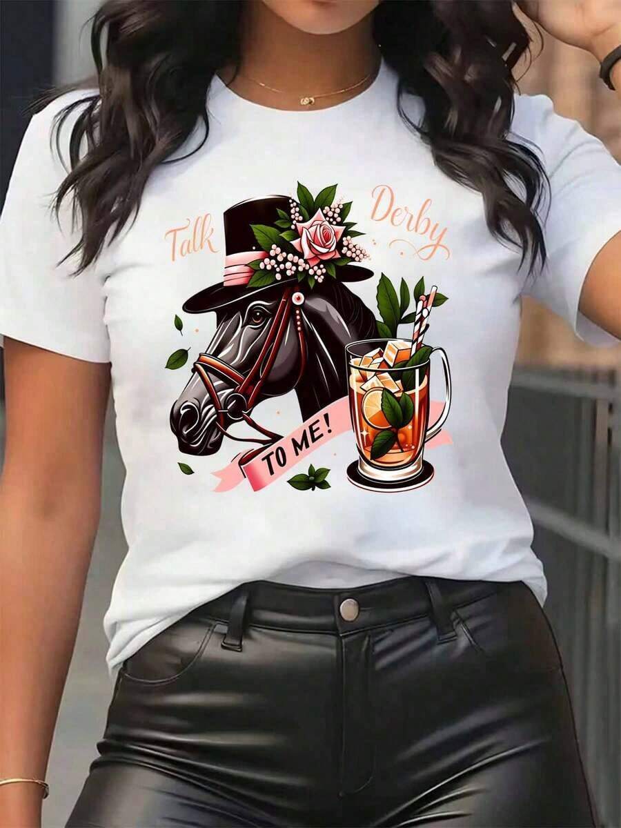 New Arrivals For Summer.Women T Shirt Horse With Hat And Cocktail Talk Derby To Me Print Round Neck Casual Daily Wear Soft Comfortable FestivalBlouse,Shirt > Beautiful. - 白色 - 查看 1