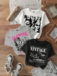 Conjunto de tres piezas para mujer, top corto, cuello redondo, mangas cortas, corte holgado, con estampados de coches urbanos y vintage, adecuado para uso casual de verano y para la vuelta al cole. - Negro - Ver 8