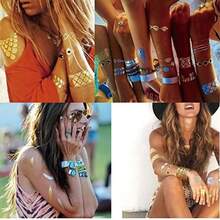 5pcs Tatuajes Temporales De Oro Mixta Metálico Dorado Plata Colorido Patrón Temporal Desechable Tatuaje Pegatinas Tatuajes Temporales Personalizados - Dorado - Ver 2