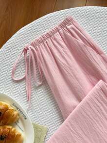 Pantalones sólidos de mujer con nudo, pantalones casuales sueltos, pantalones a rayas, pantalones de vacaciones, pantalones anchos de verano para mujer, pantalones anchos de mujer, pantalones de verano de mujer, pantalones de mujer - Rosa 2 - Ver 4