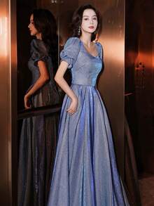 Women's Long Multicolored Party Dress, Short Puff Sleeves With V-Neck, Shiny Charro-Style Fabric, Elegant Princess Style Ideal For Banquets And Graduations. - 藍色 - 查看 6