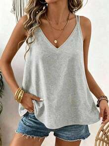 Camiseta sin mangas de mujer de cuello en V holgado a rayas, con diseño de espalda descubierta y lazo, adecuada para uso en la calle y vacaciones en primavera/verano - Gris - Ver 1