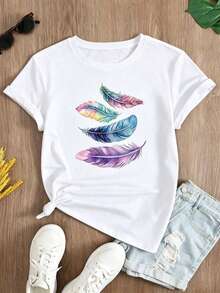 Limited Time Offer, Limited Quantities, Flash ! Women's Casual Shirts, Women's Polyester T-Shirts, Elegant Shirts. Women's Short-Sleeve Crew Neck Casual T-Shirt With Feather Print - 白色 - 查看 3