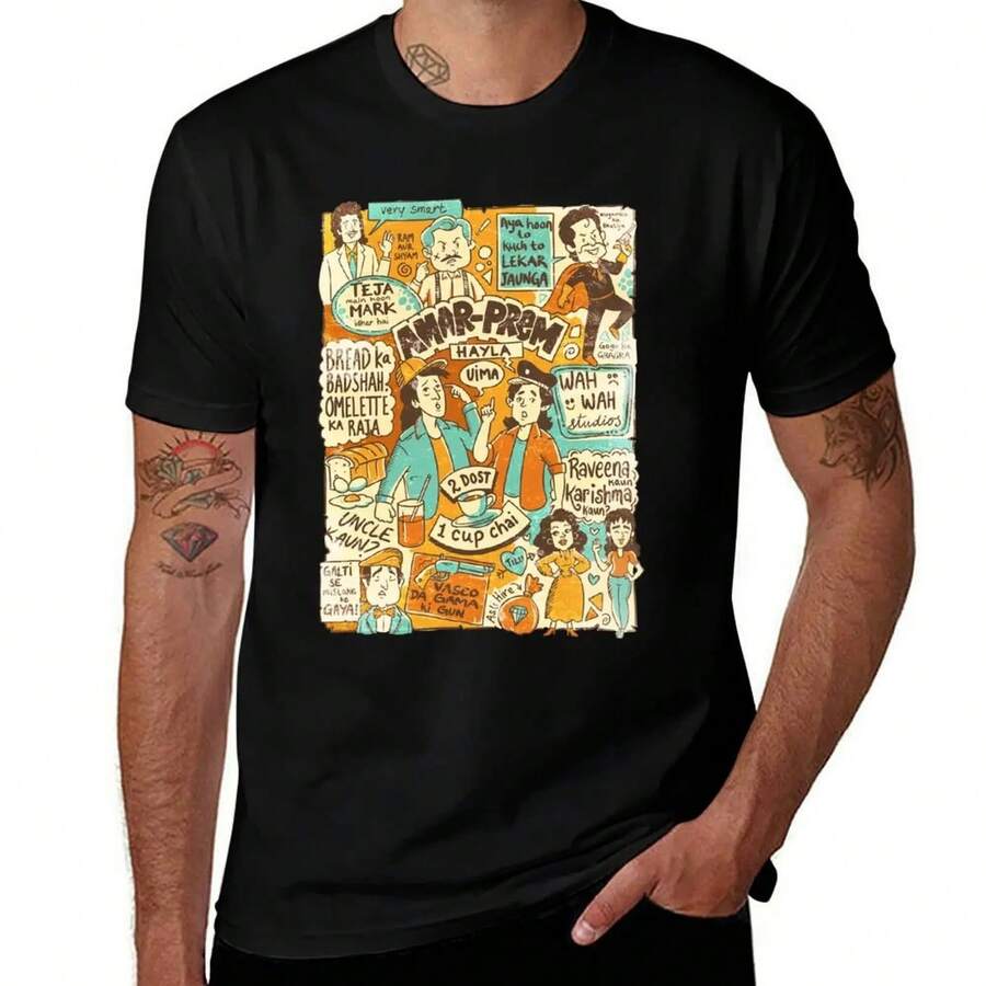 Camiseta Andaz Apna Apna Mashup R para uso diario, lisa, de manga corta, 220 g, de algodón grueso, unisex, informal, de textura suave y tacto agradable, cómoda y respetuosa con la piel. Su estilo clásico y sencillo nunca pasa de moda, ideal para ir al trabajo, practicar deporte, viajar, ir de vacaciones y cualquier ocasión informal. - Negro - Ver 1