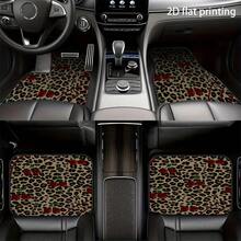 All-Weather Car Floor Mats - Leopard Print And Cherry Red Design, Durable Polyester Fiber, Non-Slip Backing, Suitable For Most Vehicles, Easy To Clean, Stylish Interior Accessory, Vehicle Floor Protection |   Elegant Interior Decoration |   Durable Car Mat - 4ps - View 7