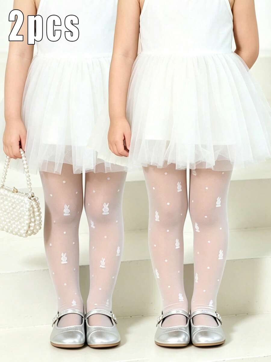 2pcs Baby Girls' White Rabbit Jacquard Pattern Tights, Elastic, Thin, Suitable For All Seasons, Daily Wear & Dance
