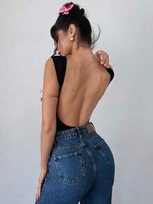 Body de unicolor con escote pronunciado y espalda descubierta, sexy y versátil para vacaciones y fiestas - Negro - Ver 3