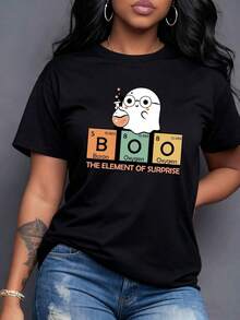 Intelligent Ghost With Glasses And Laboratory Flask Elements Boron Oxygen Oxygen Form BOO And The Phrase The Element Of Surprise Perfect Mix Of Scientific Humor Women's T-Shirt 100% Cotton, Casual Short Sleeve. - 黑色 - 查看 7