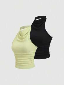 piezas Nuevo top sin espalda elegante y sexy con cuello halter y drapeado, unicolor verde/negro, casual y versátil Y2K - Multicolor 4 - Ver 3