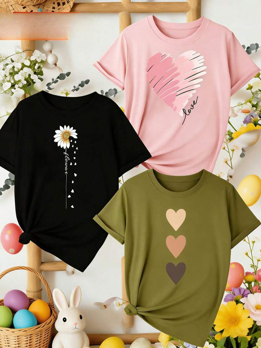 Women's T-Shirts, 1-Piece Set Of Women's Round Neck T-Shirt, Comfortable, Soft And Breathable, With Floral And Heart Prints, Pretty Clothing, Suitable For Sports And Fitness, Daily Wear, Outdoor Activities And Any Other Occasion, A Gift For Friends And Family, Easter, Mother's Day. - 1件黑色隨機圖案 - 查看 1
