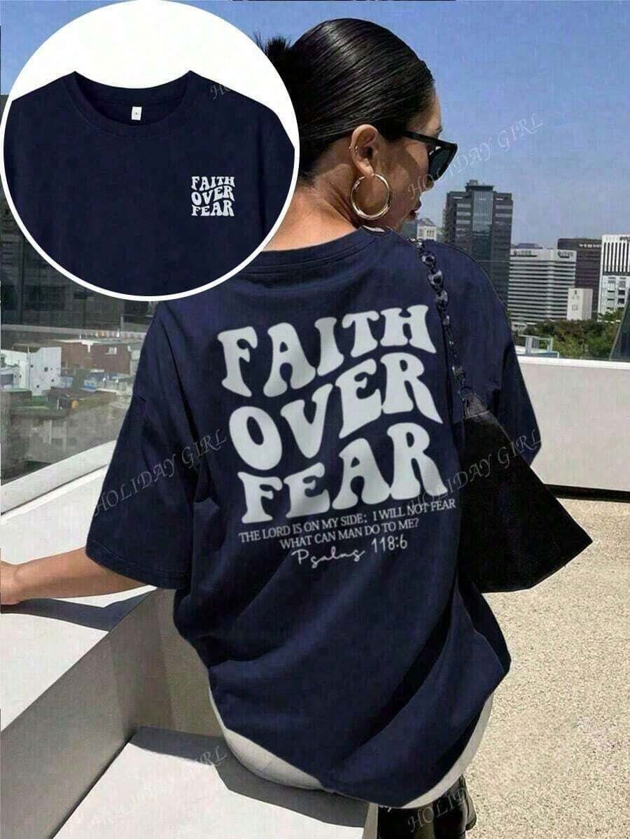 "Faith Over Fear" Double Print T-Shirt - Short-Sleeve Crew Neck Pure Cotton T-Shirt, Holiday Style, A Daily Essential. Holiday Outfits, Simple Retro Street Style Top. Everyday Campus Wear For Men And Women - Comfortable Loose Fit Cotton Vintage Street Style T-Shirt - 海軍藍 - 查看 1