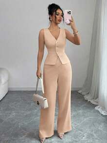 Conjunto de camiseta sin mangas y pantalones elegante para mujer, estilo de oficina y transporte, atuendo de otoño para maestros - Caqui - Ver 1