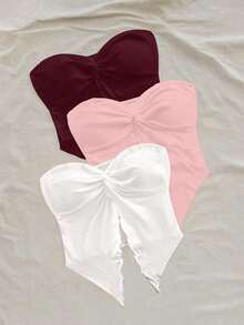 Set de 3 tops cortos sin tirantes de uso diario y para vacaciones con aberturas laterales en el bajo, adecuados para fiestas, vacaciones, festivales de música, citas, tardes de té, playa, cruceros, etc. - Multicolor 2 - Ver 3