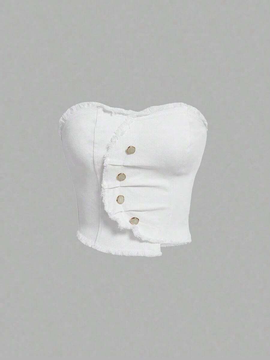Blusa vaquera de tubo minimalista y de unicolor para mujer - Blanco - Ver 1
