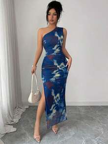 Vestido de noche de lujo para mujer, vestido sexy sin mangas con cuello asimétrico y estampado de teñido anudado - lago azul - Ver 3
